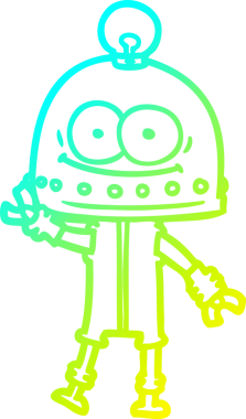 Bir insan tarafından çizilmiş ampullü mutlu bir robot çizimi.