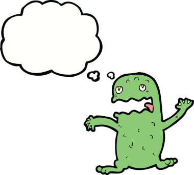 Bir insan tarafından çizilmiş düşünce baloncuklu komik kurbağa.