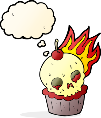 Bir insan tarafından çizilmiş düşünce baloncuklu Cadılar Bayramı pastası.