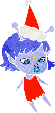 Bir insan tarafından çizilmiş Noel Baba şapkası giyen uzaylı bir kızın güzel el çizimi karikatürü.