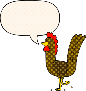 Bir insan tarafından çizilmiş çizgi roman tarzında konuşma balonu olan çizgi film horozu.