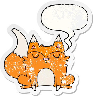 Konuşma baloncuğu olan çizgi film tilkisi, bir insan tarafından çizilmiş sıkıntılı eski bir çıkartma.