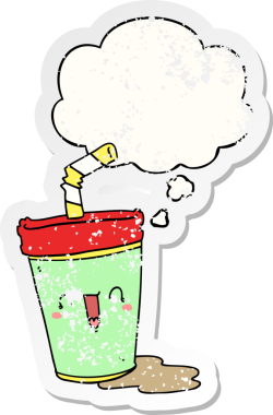 Düşünce baloncuklu tatlı karikatür gazozu insan tarafından çizilmiş yıpranmış bir çıkartma gibi.