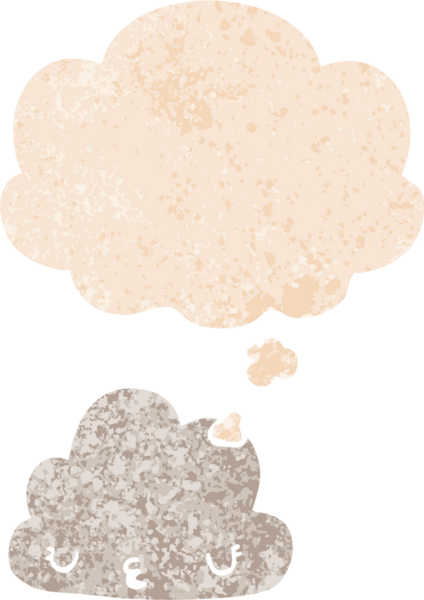 Düşünce baloncuğu ve grunge ile sevimli çizgi film bulutu bir insan tarafından çizilmiş sıkıntılı retro dokuma tarzı