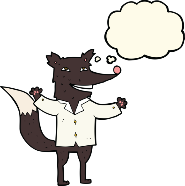 Bir insan tarafından çizilmiş düşünce balonlu tişört giyen mutlu kurt çizgi filmi.