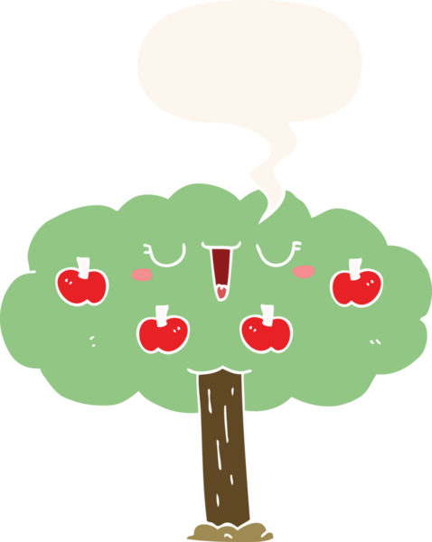 bir insan tarafından çizilmiş, konuşma baloncuklu elma ağacı.