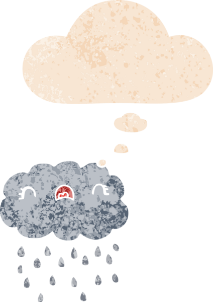 Düşünce baloncuğu ve grunge ile sevimli çizgi film bulutu bir insan tarafından çizilmiş sıkıntılı retro dokuma tarzı