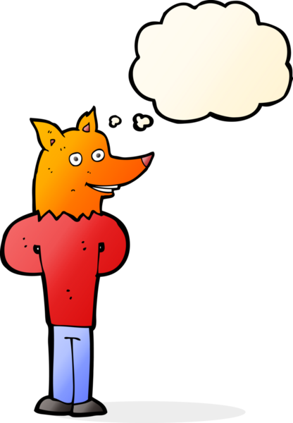 Bir insan tarafından çizilmiş düşünce balonlu tilki adam.