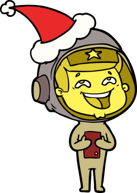 Bir insan tarafından çizilmiş Noel Baba şapkası giyen gülen bir astronotun el çizimi.