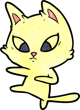 Bir insan tarafından çizilmiş kafası karışmış çizgi film kedisi.