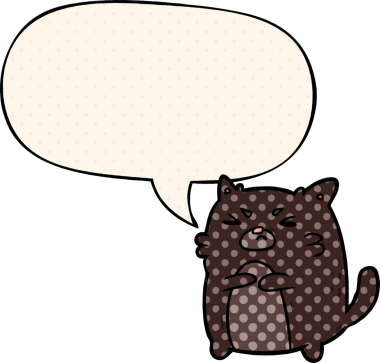 Bir insan tarafından çizilmiş çizgi roman tarzında konuşma baloncuğu olan kızgın bir kedi.