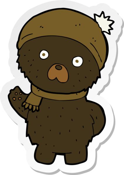 Bir insan tarafından çizilmiş şapkalı ve atkılı şirin siyah ayının çıkartması.