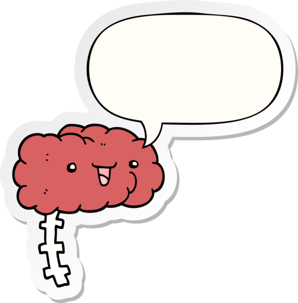 Bir insan tarafından çizilmiş konuşma kabarcığı çıkartmalı mutlu çizgi film beyni.