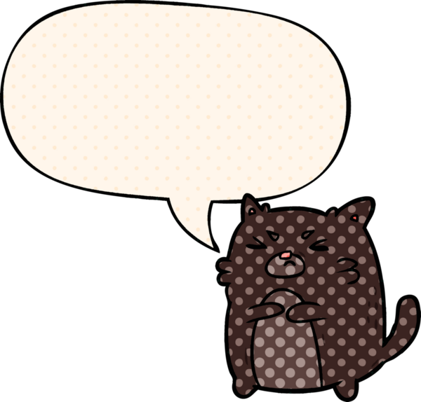 Bir insan tarafından çizilmiş çizgi roman tarzında konuşma baloncuğu olan kızgın bir kedi.