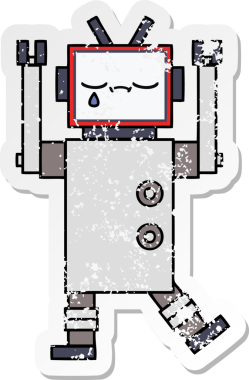 Bir insan tarafından çizilmiş sevimli bir robot çizgi film çıkartması.