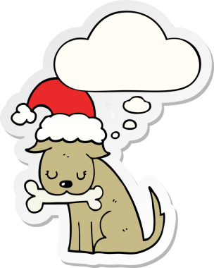 Düşünce baloncuğu insan tarafından çizilmiş bir çıkartma olan şirin bir Noel köpeği.