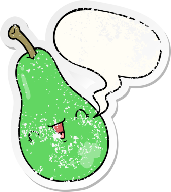 Konuşma baloncuğu olan çizgi film armudu bir insan tarafından çizilmiş sıkıntılı eski bir çıkartma