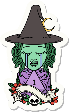 Ağlayan yarım ork karakterli bir cadının çıkartması. Bir insan tarafından çizilmiş doğal bir d20 zar.