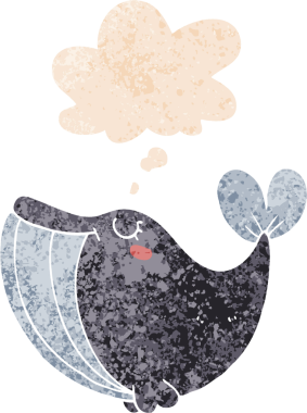 Düşünce baloncuklu çizgi film balinası grunge sıkıntılı retro dokulu bir insan tarafından çizilmiş