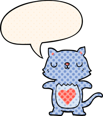 Bir insan tarafından çizilmiş çizgi roman tarzında konuşma balonu olan sevimli bir çizgi film kedisi.