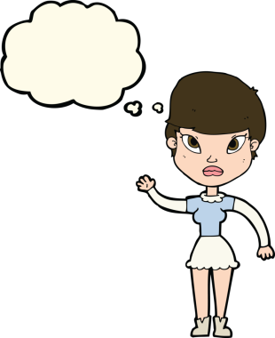 Bir insan tarafından çizilmiş düşünce baloncuğuyla el sallayan çizgi film kadını.