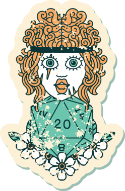 Bir insan tarafından çizilmiş doğal yirmi zarlı insan barbarının grunge sticker 'ı.