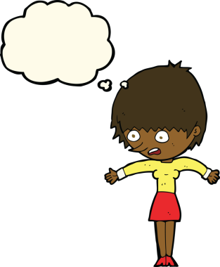 Bir insan tarafından çizilen düşünce baloncuğuyla panikleyen çizgi film kadını.