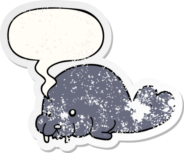 Konuşma baloncuğu olan şirin bir mors. Bir insan tarafından çizilmiş sıkıntılı eski bir çıkartma.