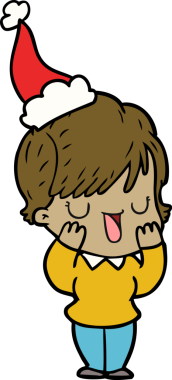 Bir insan tarafından çizilmiş Noel Baba şapkasıyla konuşan bir kadının el çizimi.