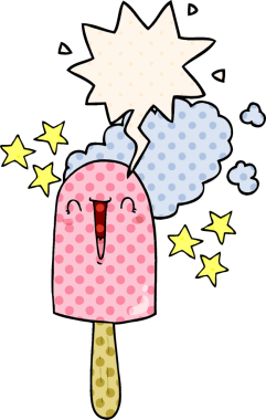 Bir insan tarafından çizilmiş çizgi roman tarzında konuşma balonu olan şirin buz lolipopu.