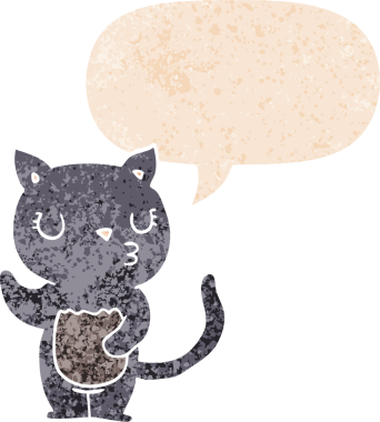 Grunge 'da konuşma baloncuğu olan sevimli çizgi film kedisi bir insan tarafından çizilmiş sıkıntılı retro dokuma tarzı