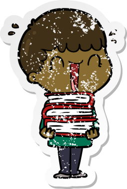 Bir insan tarafından çizilmiş kitap yığınını tutan, gülen bir çizgi film karakterinin sıkıntılı çıkartması.