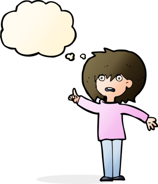 Çizgi filmdeki kadın bir insan tarafından çizilmiş düşünce balonuyla soru soruyor.