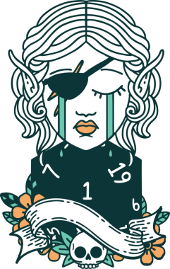 Retro Dövme Tarzı Hüzünlü elf karakteri yüzü ve bir insan tarafından çizilmiş bir d20 rulosu.