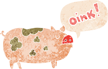 Bir insan tarafından çizilmiş, dertli, dertli, gerilmiş, konuşma baloncuklu domuz çizgi filmi.