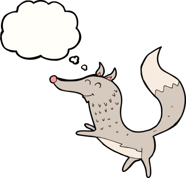 Bir insan tarafından çizilmiş düşünce balonlu mutlu kurt çizgi filmi.