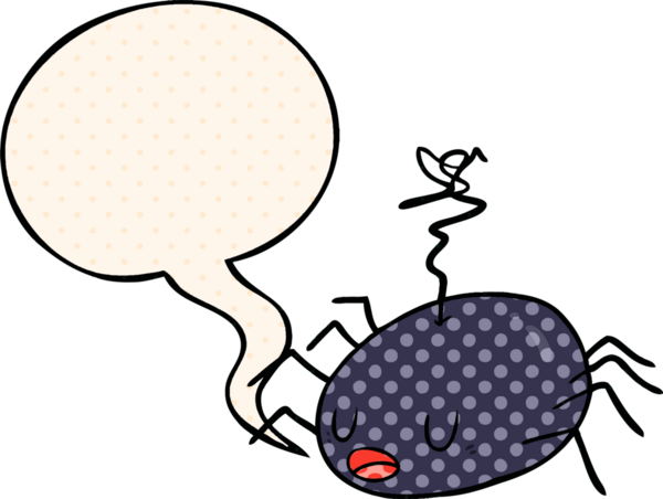 Bir insan tarafından çizilmiş çizgi roman tarzında konuşma balonu olan cadılar bayramı örümceği çizgi filmi.