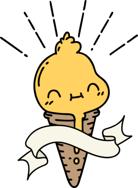 Bir insan tarafından çizilmiş dövmeli bir dondurma karakteri.