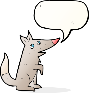 Bir insan tarafından çizilmiş konuşma balonlu bir kurt yavrusu.