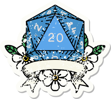 Bir insan tarafından çekilen 20 kritik vuruşluk D20 zar atımının grunge çıkartması.