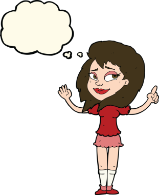 Bir insan tarafından çizilmiş düşünce baloncuğu fikri olan karikatür kadın.