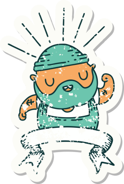 Dövme stili eski bir çıkartma. Sakallı bir adam. Bir insan tarafından çizilmiş pazılarını esnetiyor.