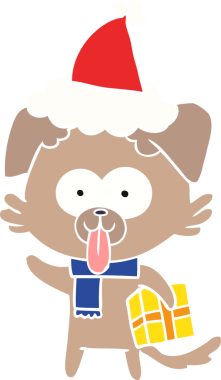 Bir insan tarafından çizilmiş Noel Baba şapkası takan bir köpeğin düz renkli çizimi.