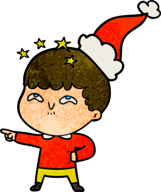 Bir insan tarafından çizilmiş Noel Baba şapkası takan bir çocuğun el çizimi karikatürü.