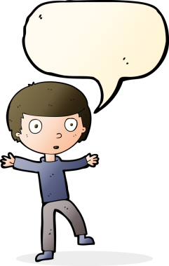 Bir insan tarafından çizilmiş konuşma balonuyla ürkmüş bir çocuk.