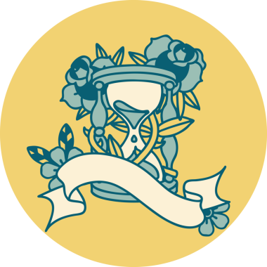 bir saat bardağı ve bir insan tarafından çizilmiş çiçeklerle dövme stili simgesi