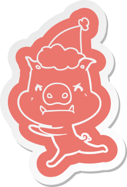 Bir insan tarafından çizilmiş Noel Baba şapkası giymiş bir domuzun kızgın çizgi film çıkartması.