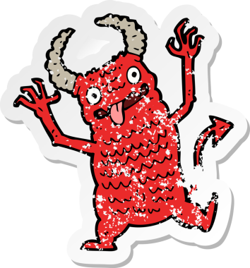 Bir insan tarafından çizilmiş bir karikatür iblisinin gerilmiş çıkartması.