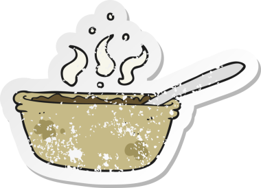 Bir insan tarafından çizilmiş bir karikatür güveç kasesinin gerilemiş etiketi.