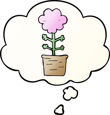 Bir insan tarafından çizilmiş yumuşak eğimli düşünce baloncuklu şirin çizgi film çiçekleri.